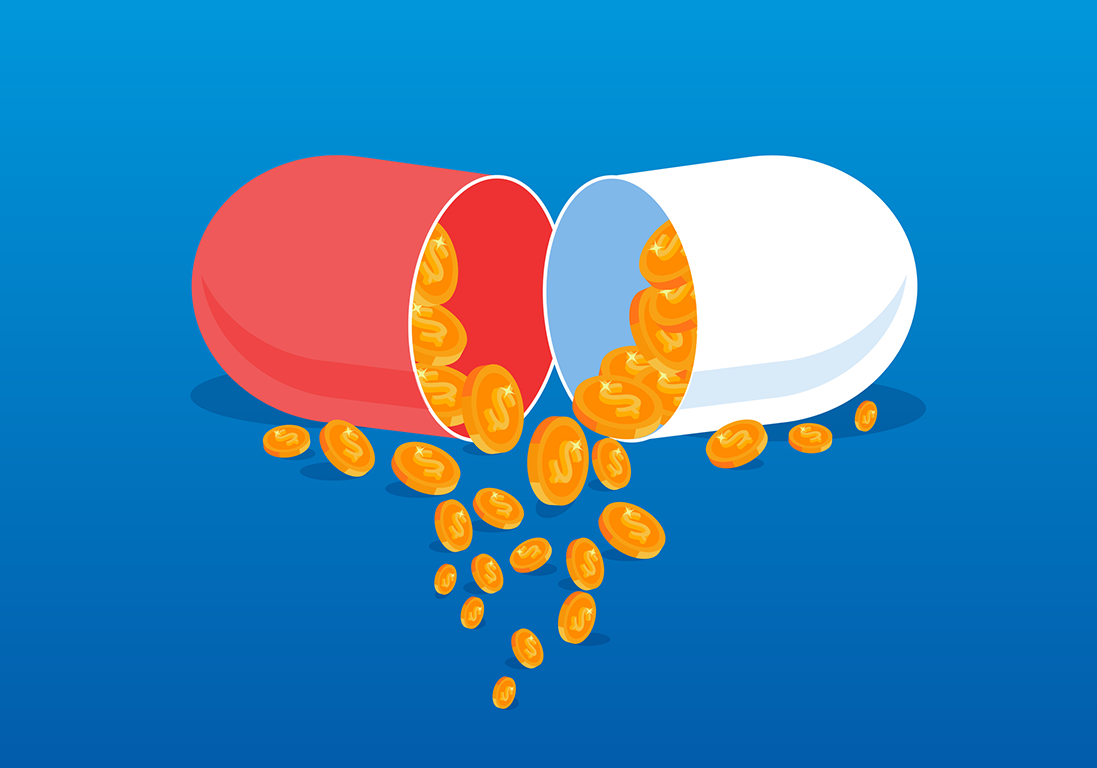 B2B Integration A pill filled with coins mirrors the idea that B2B integration is a cure for business ailments
