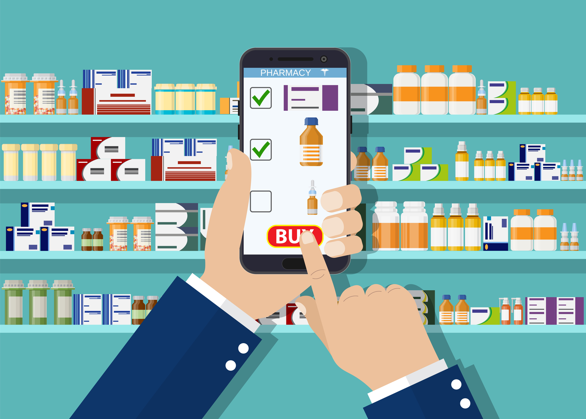 Big Data Man uses cell phone to make a pharmaceutical purchase in a pharmacy. Technology trends affect life science supply chains.