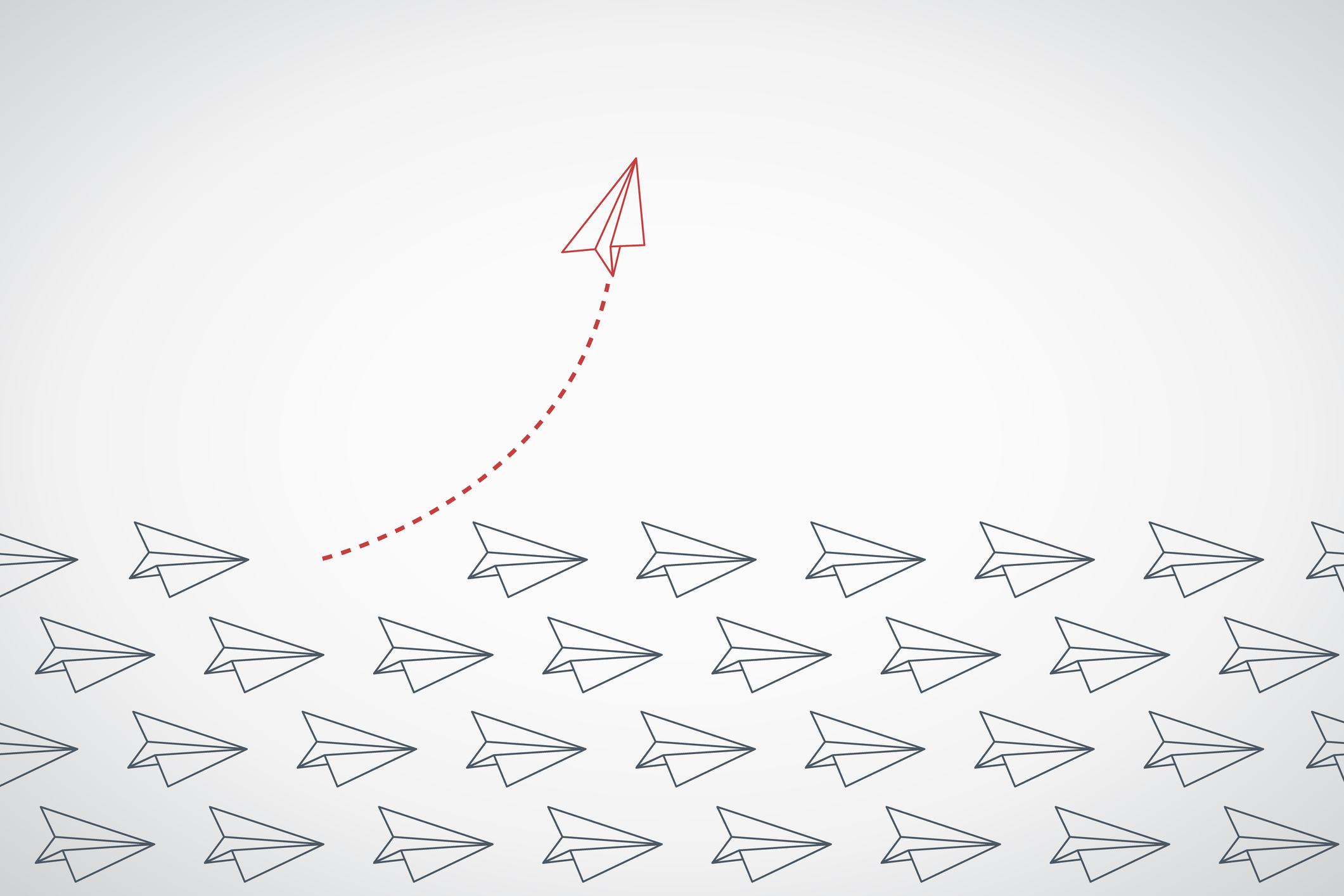 Digital Transformation A single paper airplane soars above the rest, forging a new path