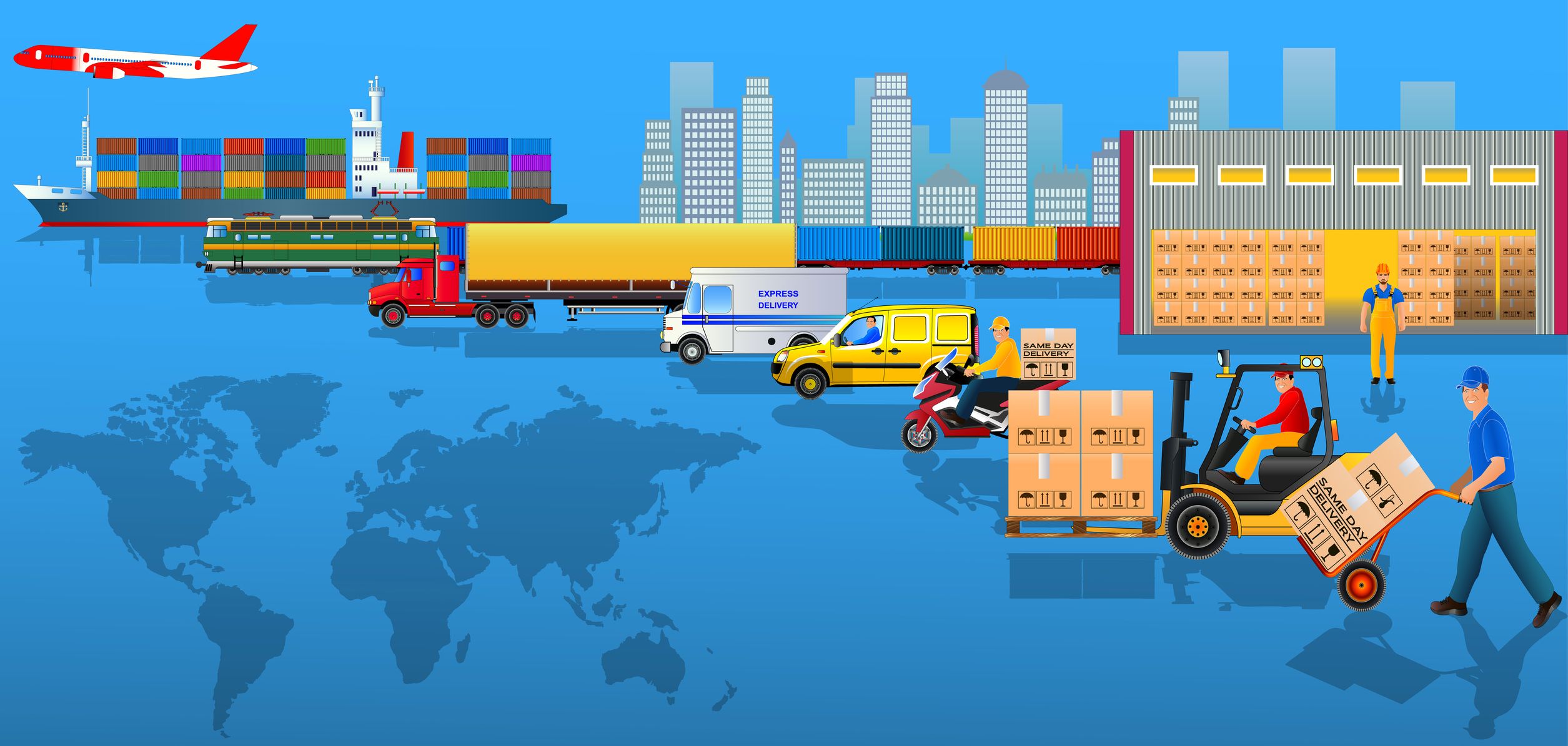 Logistics Management Planes, trains, trucks and other transportation vehicles make world-wide deliveries.