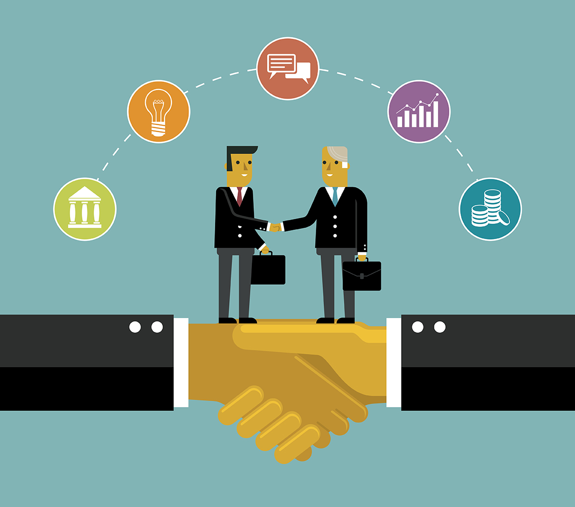 Trading Partners Two business men greet one another with a lot on their minds
