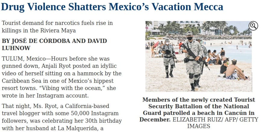 Destaca The Wall Street Journal violencia en Quintana Roo