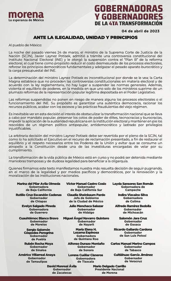 Urgen gobernadores de Morena revocar suspensión del Plan B