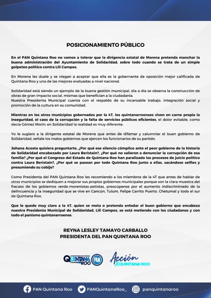 PAN Q. Roo: respalda al gobierno de Lili Campos; ¡No vamos a tolerar que Morena pretenda manchar la buena administración de Solidaridad!