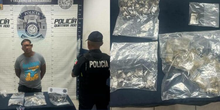 Policía Municipal de Solidaridad aseguro a un sujeto en posesión de más de 120 dosis de posibles drogas