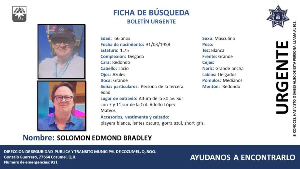 Buscan a ciudadano extranjero de 66 años desaparecido en Cozumel
