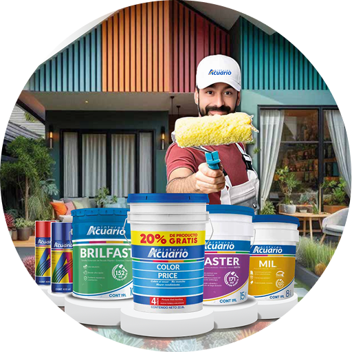Productos de pintura Acuario frente a una casa