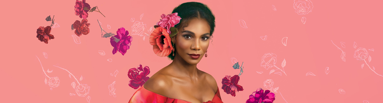 Promotional artwork featuring a woman framed by floral imagery for Cincinnati Opera’s 2026 production of Carmen.