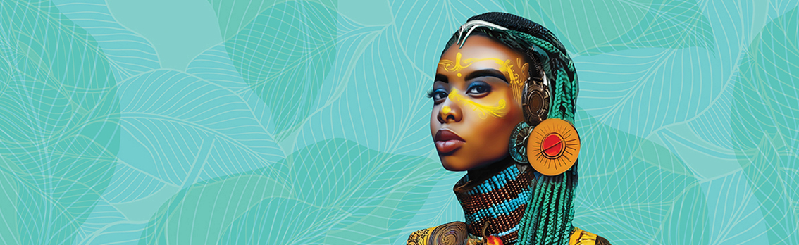 Stylized portrait of a woman with teal braids and ornate gold face markings, wearing circular earrings and layered jewelry, set against a turquoise background with flowing leaf-like patterns.