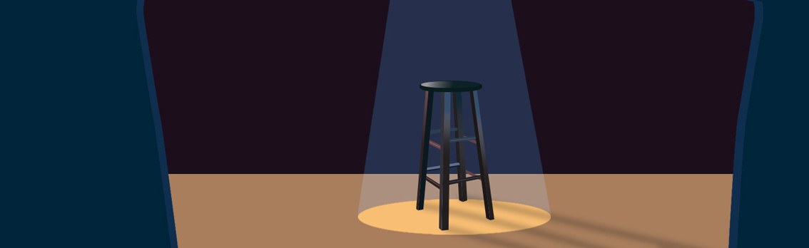 Illustration of a single black stool centered on a bare stage, illuminated by a warm spotlight, with darkened curtains framing the scene and casting long shadows on the floor.