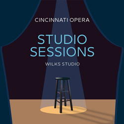 Graphic of a black stool under a spotlight on a stage with dark blue curtains. Text reads 'Cincinnati Opera – Studio Sessions' at the top and 'Wilks Studio' at the bottom.
