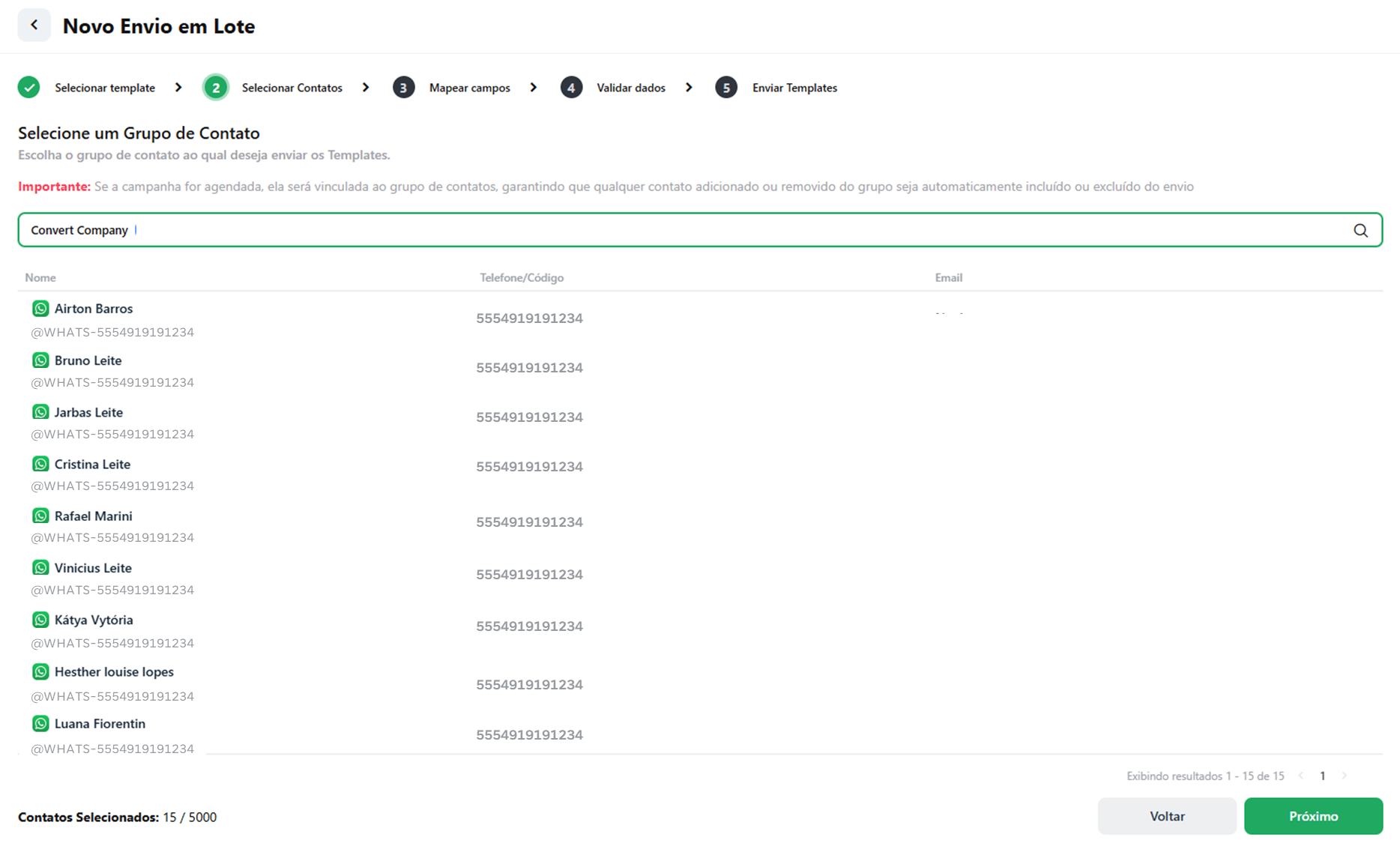 Lista dos contatos vinculados ao grupo de contato Convert Company