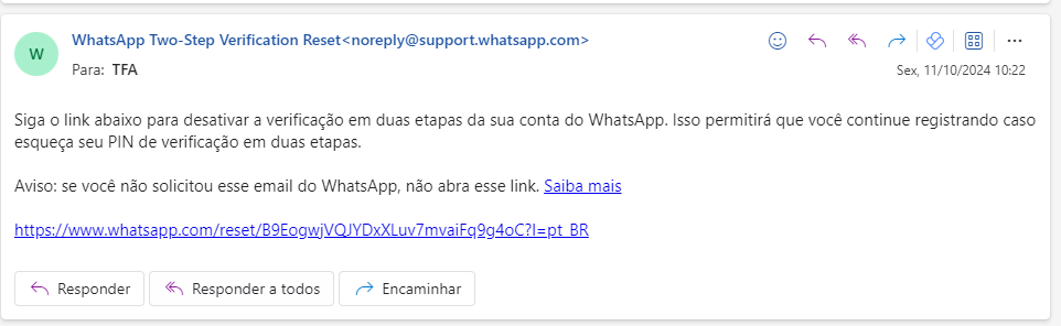E-mail para desativar 2FA