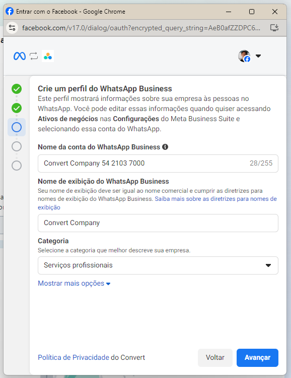 Criação do perfil