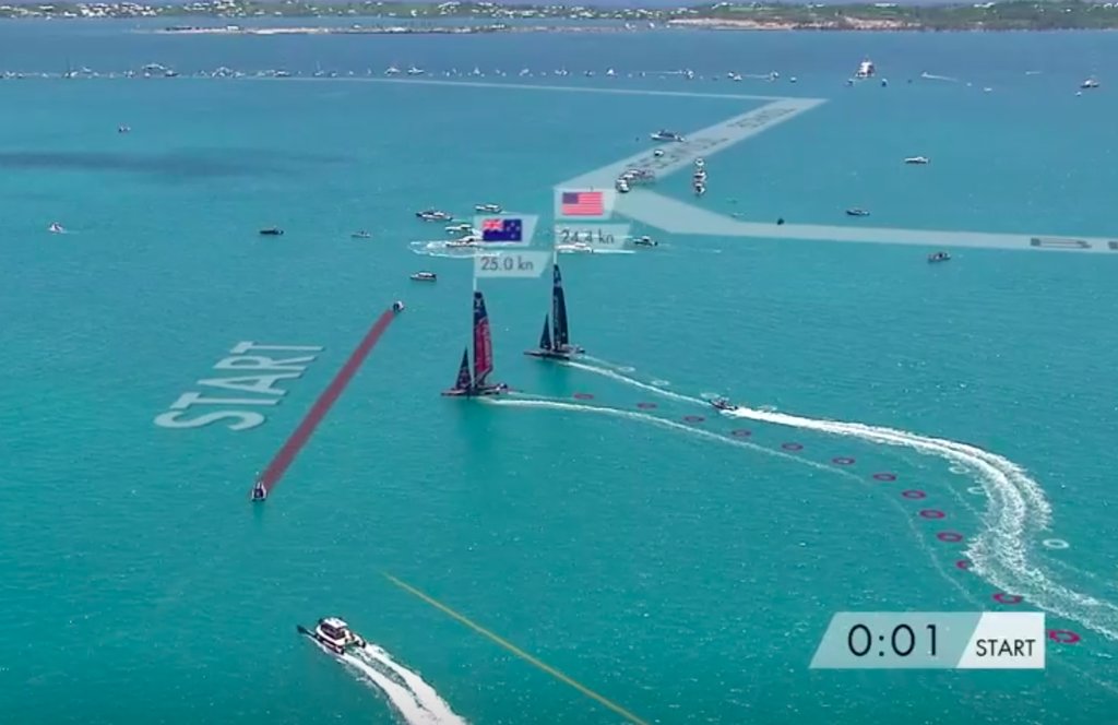 Oracle helmsman Jimmy Spithill loses speed turning upwind in pre-start of Race 7 in the 2017 America's Cup Match