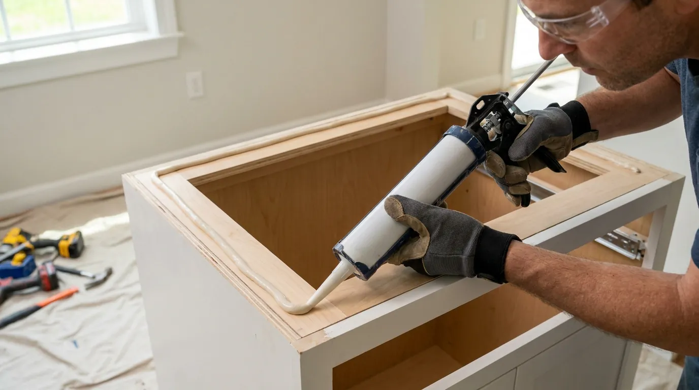 Close-up of proper adhesive application technique on cabinet surface before mounting granite Topic: mount granite countertop.