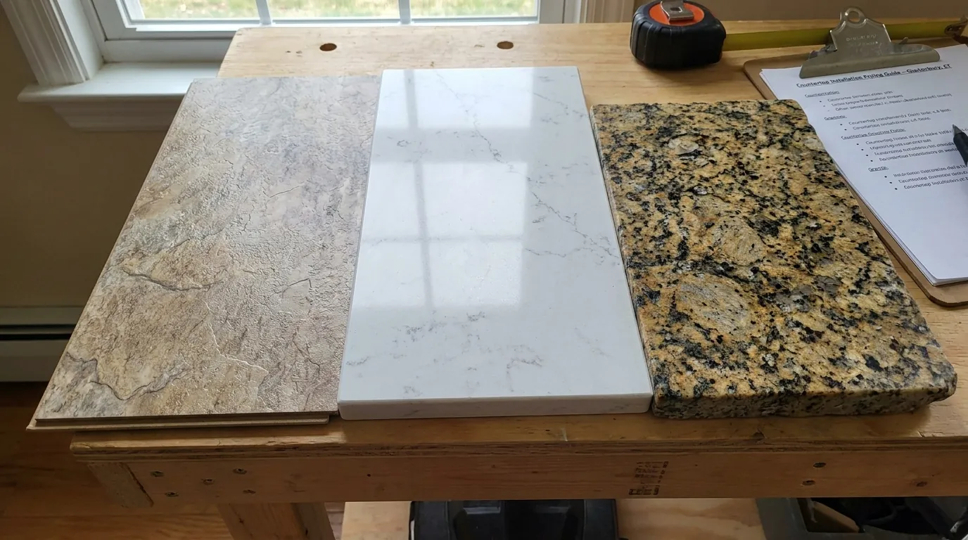 Comparison of three different countertop materials (laminate, quartz, and granite) side-by-side showing texture and color var
