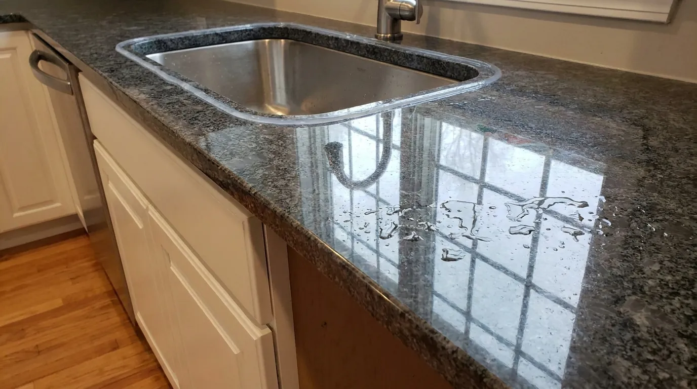 Finished installed granite countertop showing proper sealing and finishing with kitchen setting Topic: mount granite countert