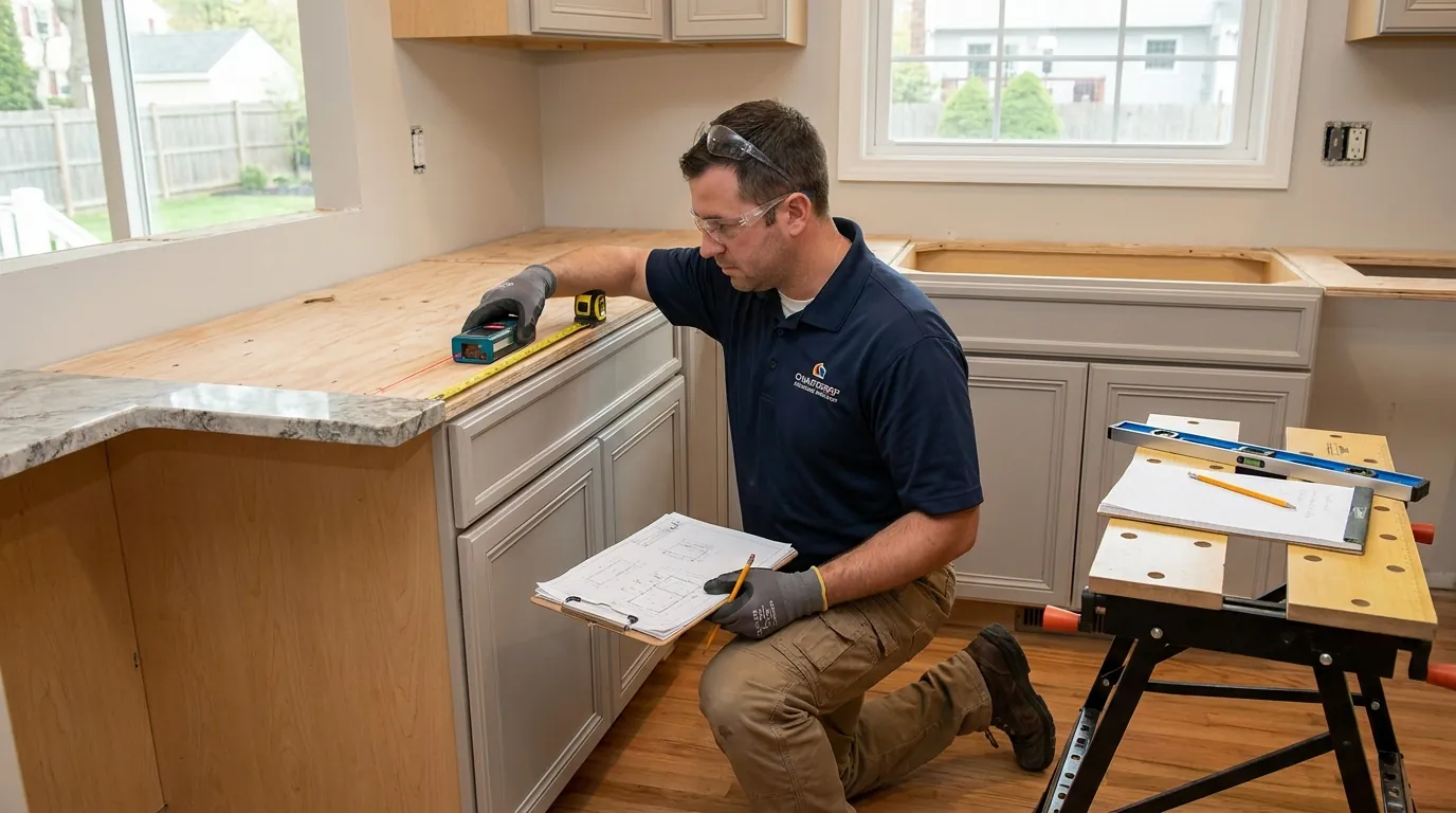 Professional countertop installer in Glastonbury home measuring and preparing for installation, demonstrating proper techniqu