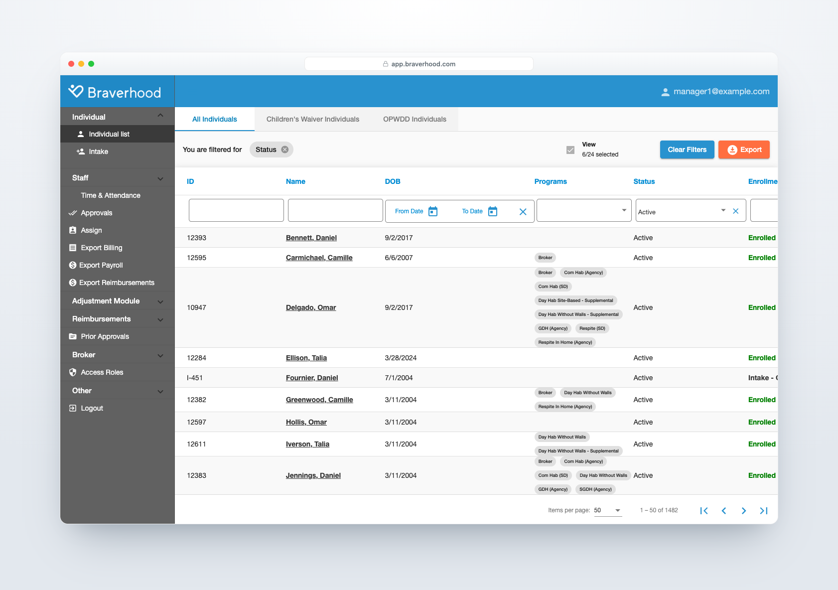 Individuals list — caseload table with program tags, status and enrolment columns