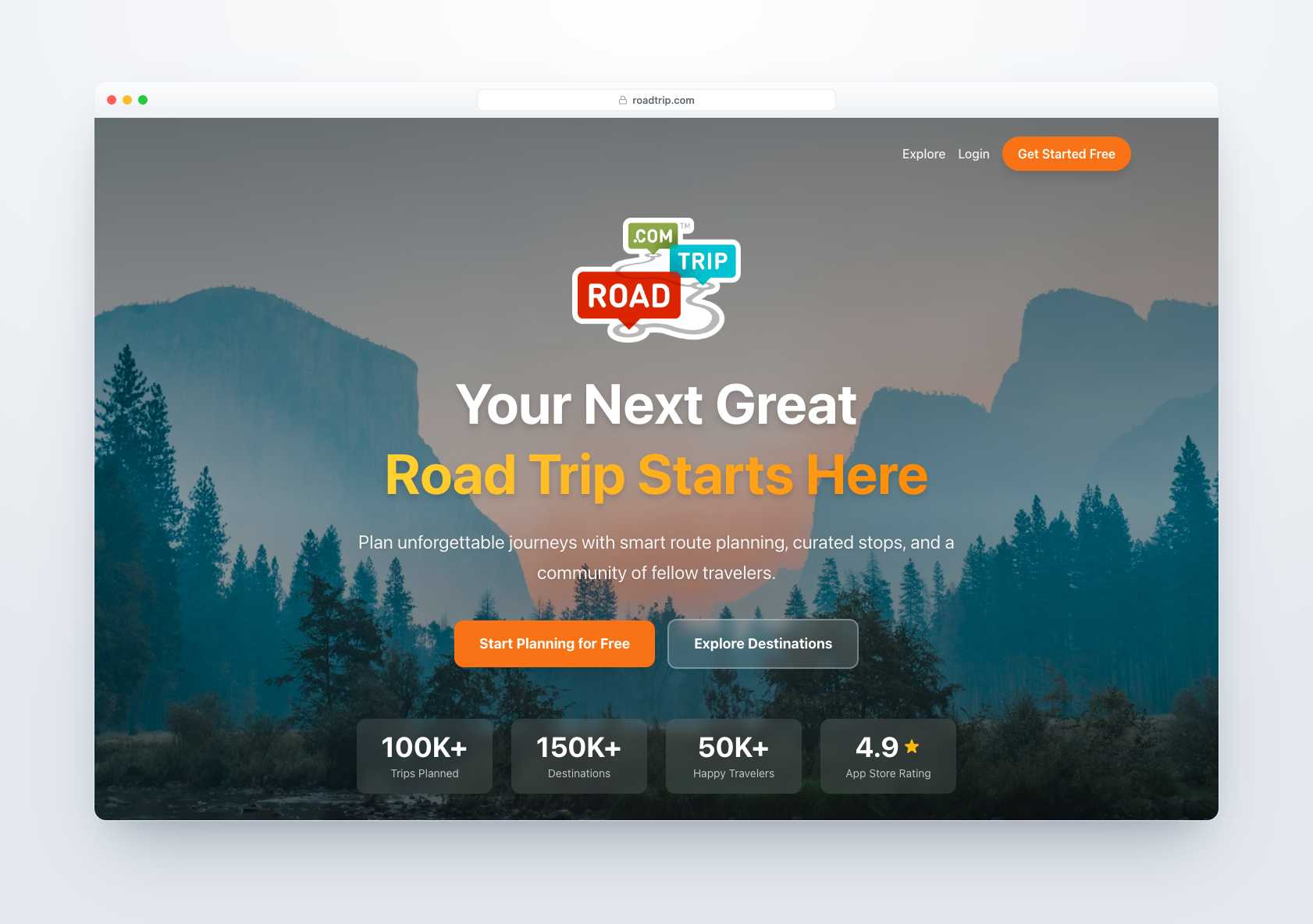 RoadTrip.com homepage hero — "Your Next Great Road Trip Starts Here"