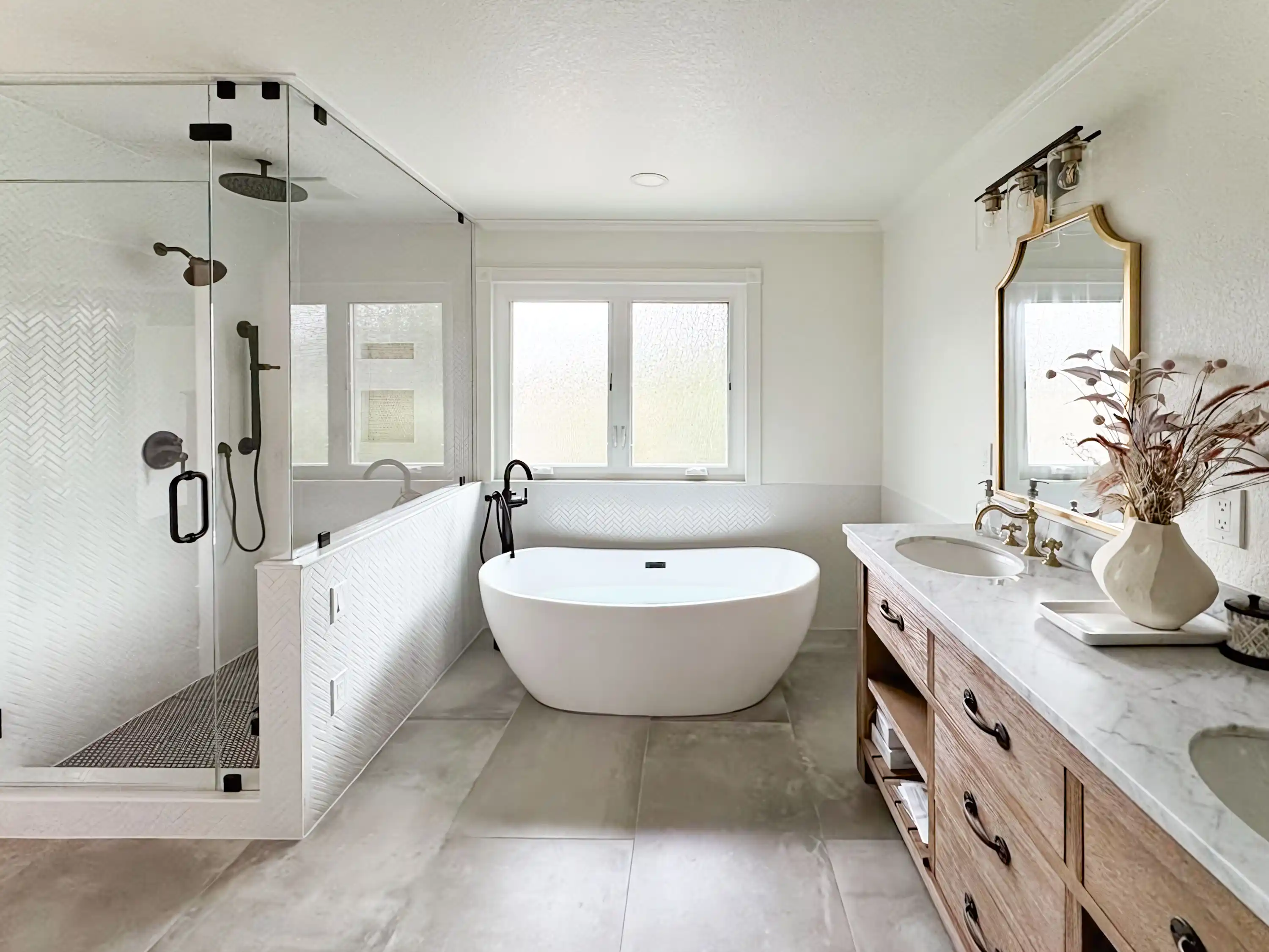 Modern bathroom with a freestanding tub, glass shower, double sink vanity, and a window. Neutral tones and clean lines dominate the space. Modern bathroom with a freestanding tub, glass shower, double sink vanity, and a window. Neutral tones and clean lines dominate the space.