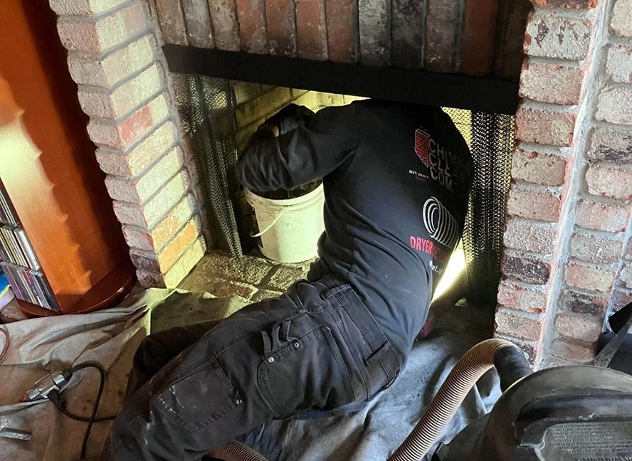 Person wearing a Chimney Clean Company shirt cleaning a fireplace, with tools and a vacuum nearby. Brick hearth and a white bucket are visible. Person wearing a Chimney Clean Company shirt cleaning a fireplace, with tools and a vacuum nearby. Brick hearth and a white bucket are visible.