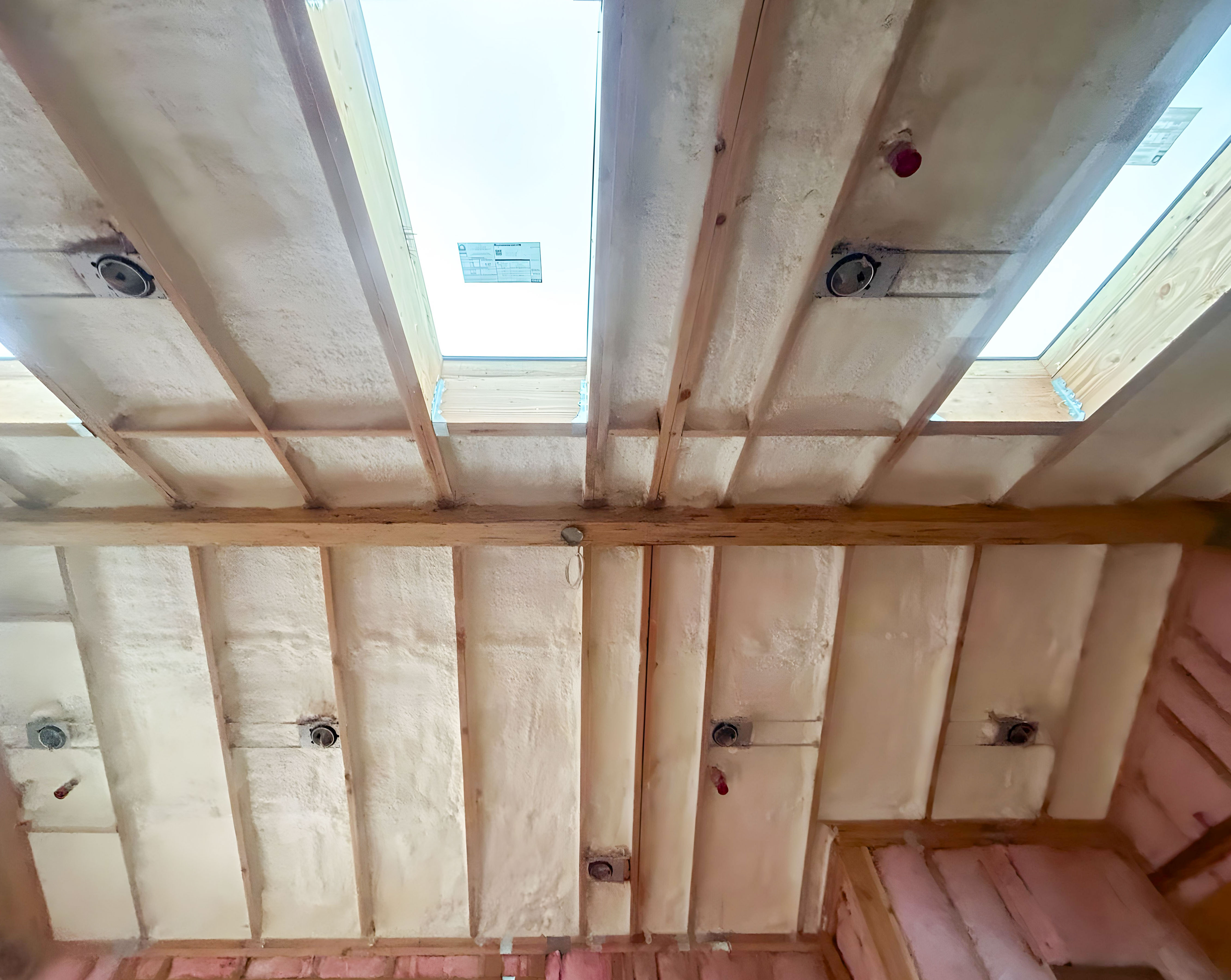 Close-up view of a ceiling with spray foam insulation applied between wooden beams and skylights. Close-up view of a ceiling with spray foam insulation applied between wooden beams and skylights.