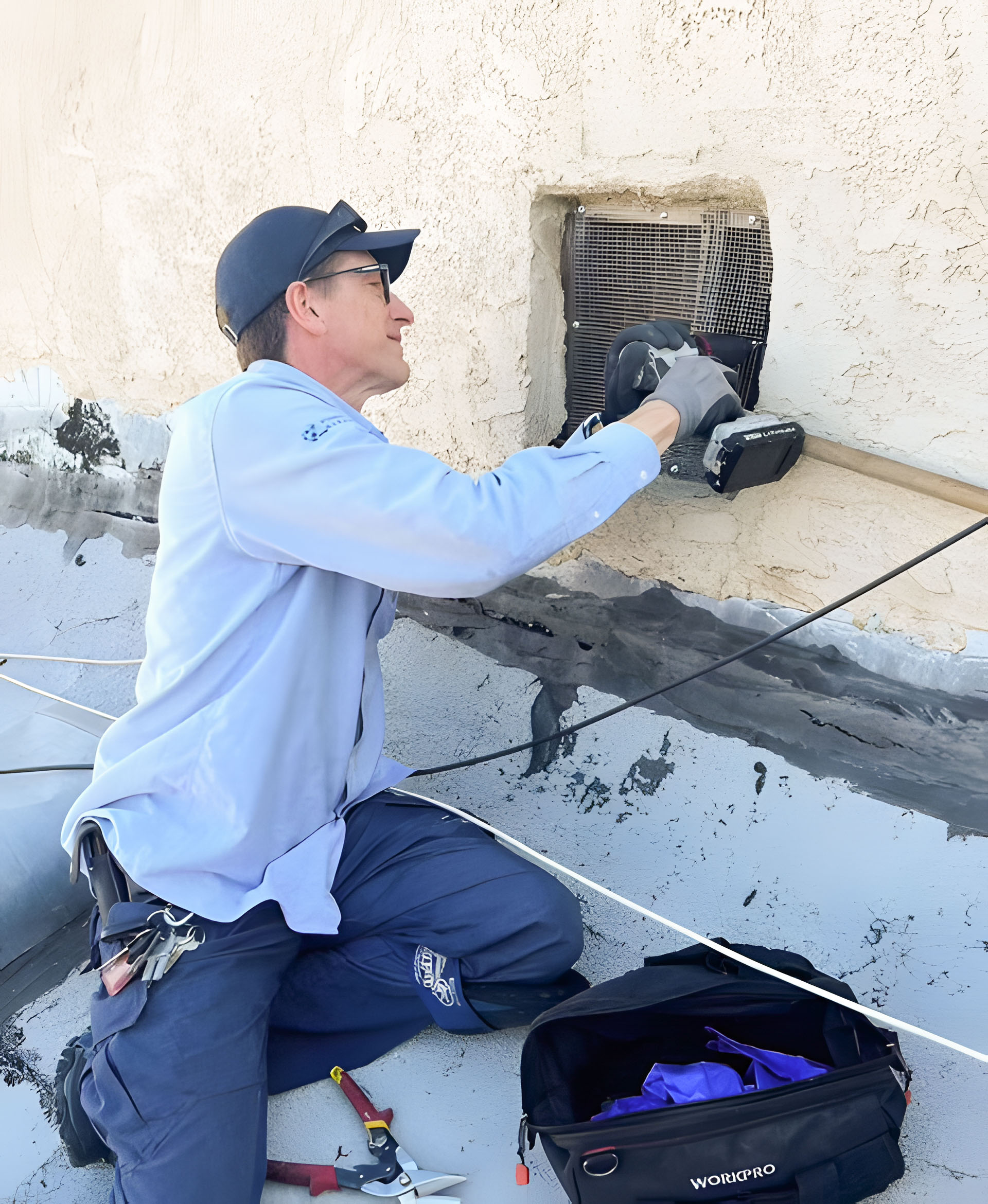 Technician kneeling, securing wire mesh over wall vent with tools and tool bag nearby. Technician kneeling, securing wire mesh over wall vent with tools and tool bag nearby.