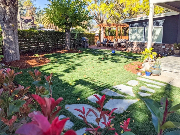 A landscaped backyard with green lawn, stone pathway, and patio area under a pergola. Plants and trees surround the space. A landscaped backyard with green lawn, stone pathway, and patio area under a pergola. Plants and trees surround the space.