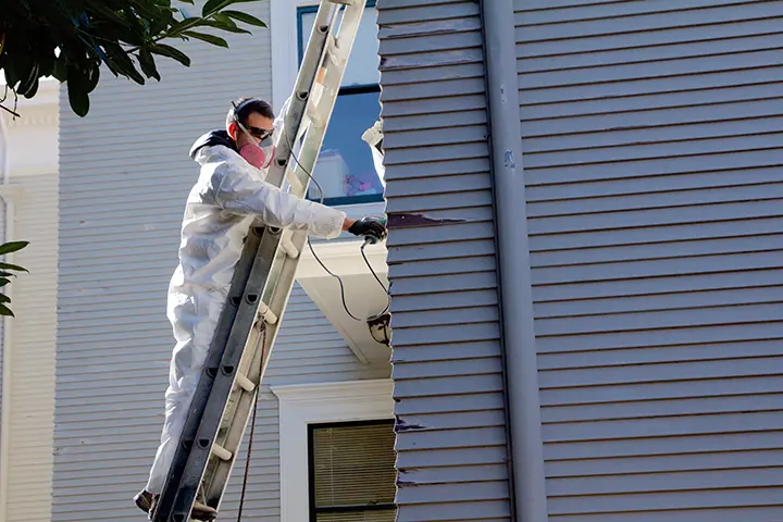  Worker in a protective suit and mask on a ladder, scraping paint from the side of a house.