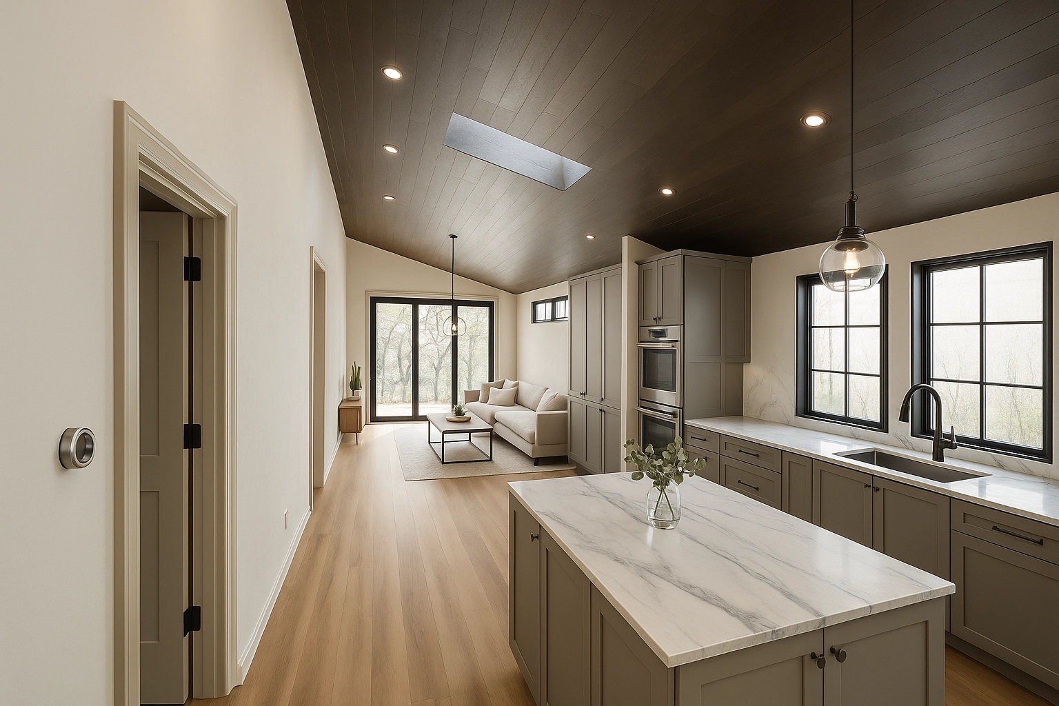 This image showcases a beautifully designed modern living room featuring a warm and inviting atmosphere. The space is styled with neutral tones, highlighted by a comfortable beige sofa adorned with accent pillows. A sleek black coffee table sits atop a textured rug, adding depth to the room. Natural light floods the interior through large windows dressed with sheer curtains, illuminating the elegant décor. The room also boasts stylish accessories, including a contemporary floor lamp, minimalistic shelves, and tasteful artwork, all contributing to a balanced and harmonious living environment perfect for relaxation and social gatherings. This image showcases a beautifully designed modern living room featuring a warm and inviting atmosphere. The space is styled with neutral tones, highlighted by a comfortable beige sofa adorned with accent pillows. A sleek black coffee table sits atop a textured rug, adding depth to the room. Natural light floods the interior through large windows dressed with sheer curtains, illuminating the elegant décor. The room also boasts stylish accessories, including a contemporary floor lamp, minimalistic shelves, and tasteful artwork, all contributing to a balanced and harmonious living environment perfect for relaxation and social gatherings.