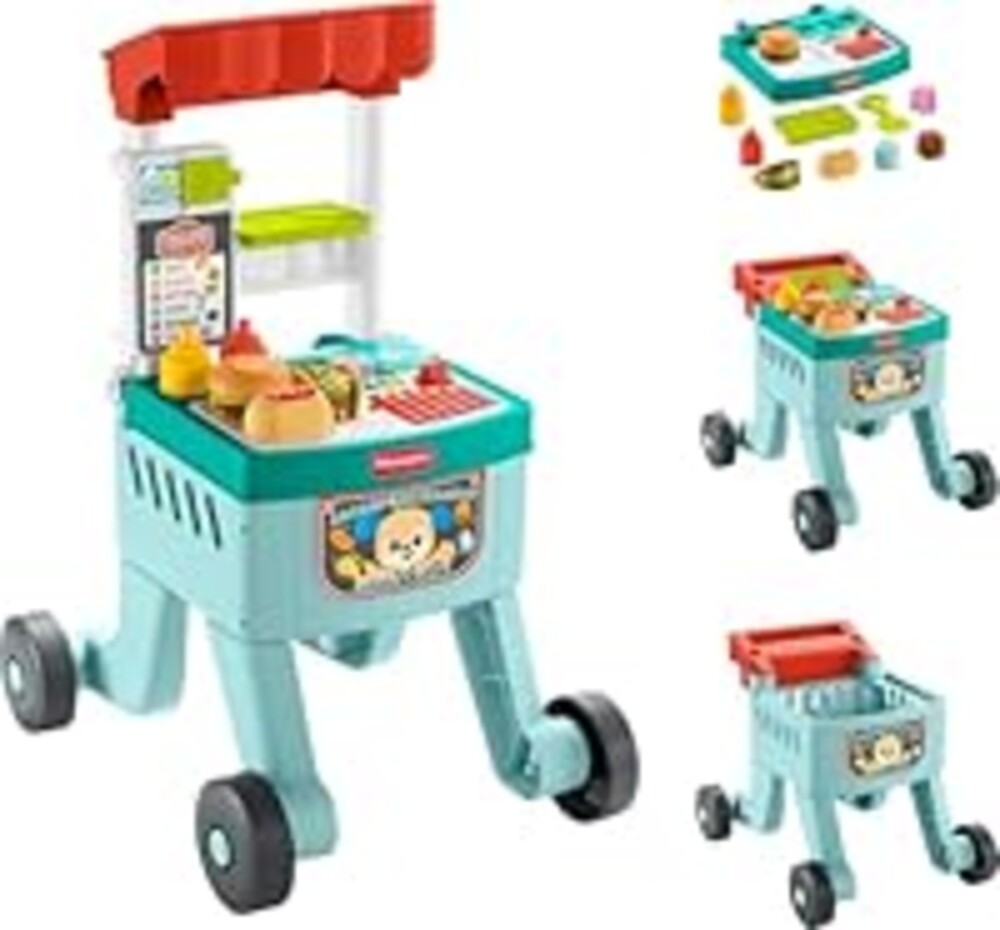 Fisher-Price Baby Push Toy 4-in-1 Snack Cart Walker Learning Activity, 14 Pieces for Pretend Play Infants Ages 6+ Months, Multilanguage Version