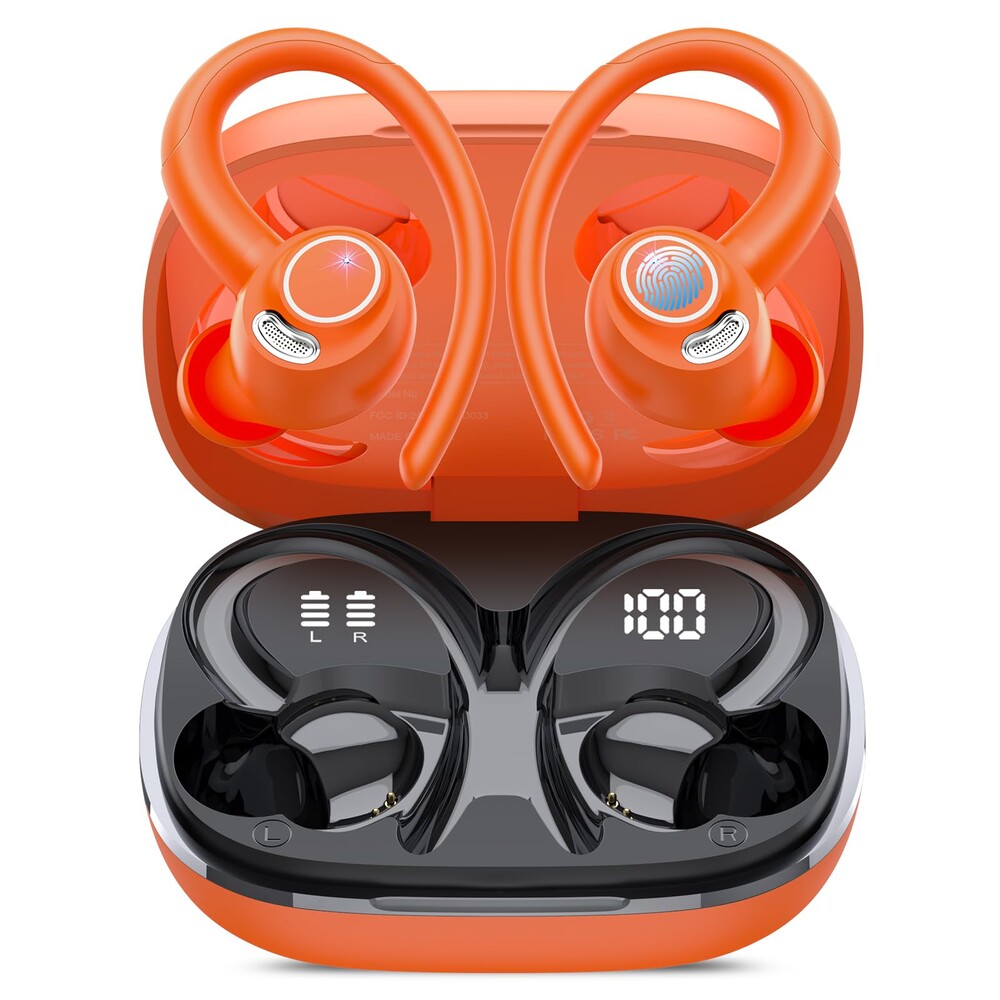 Wireless Earbuds, Bluetooth 5.4 Headphones Sport, Over Ear Buds With ENC Noise Cancelling Mic, 48H, Wireless Earphone With Earhooks, Stereo Deep Bass, IP7 Waterproof ear bud for Workout Running,Orange