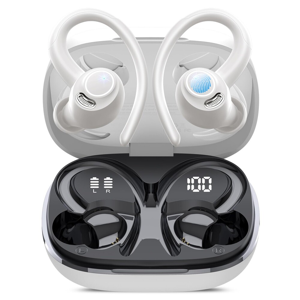 Wireless Earbuds, Bluetooth 5.4 Headphones Sport, Over Ear Buds With ENC Noise Cancelling Mic, 48H, Wireless Earphone With Earhooks, Stereo Deep Bass, IP7 Waterproof ear bud for Workout Running, White