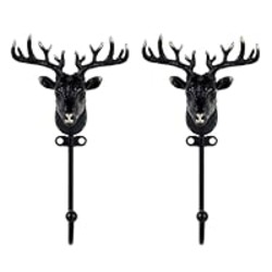 SOFFEE DESIGN 2PCS Black Deer Head Hooks Slim, Modern Hunting Lodge Coat Rack, Rustic Cabin Entryway Hanger with Antlers