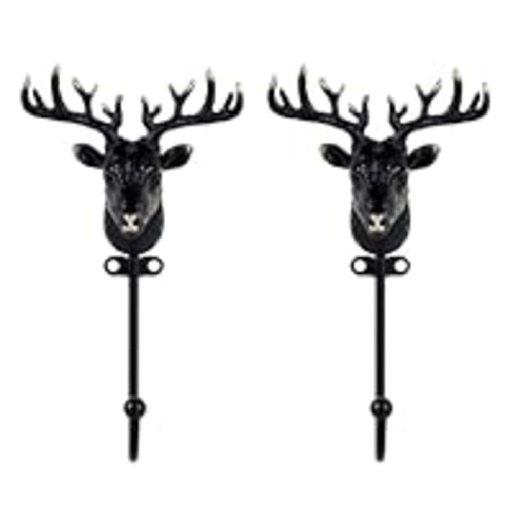 SOFFEE DESIGN 2PCS Black Deer Head Hooks Slim, Modern Hunting Lodge Coat Rack, Rustic Cabin Entryway Hanger with Antlers