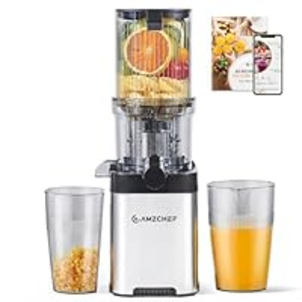 AMZCHEF Cold Press Juicer, Juicers Machines - Wide Mouth & Large Feed Chute for Whole Fruits & Vegetables, Stainless Steel Slow Masticating Juice Easy to Clean, Large Auger, Double Strainers