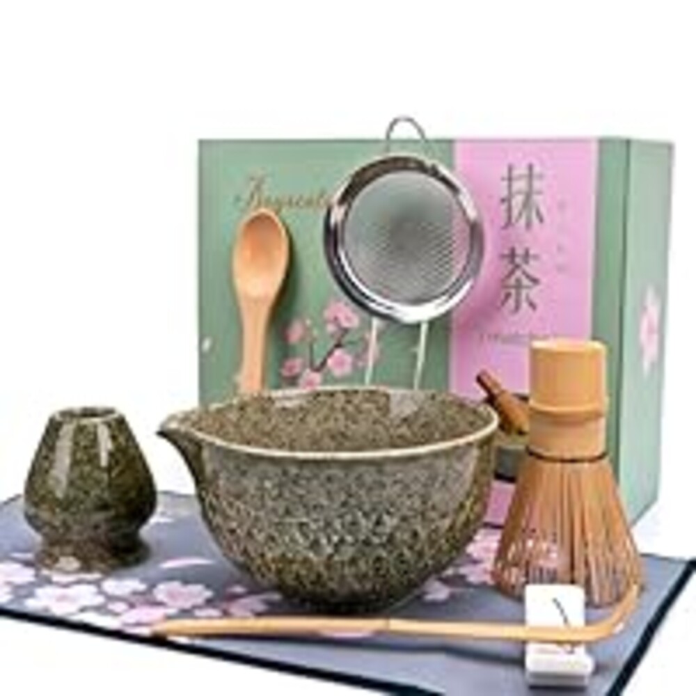 Joyscale Matcha Whisk Set, Matcha Set Whisk And Bowl, 8 Pcs Matcha Kit Set(Texture Design), 16 OZ, Japanese Matcha Tea Set, Matcha Making Kit Gifts for Tea Lovers(Mottled Green)