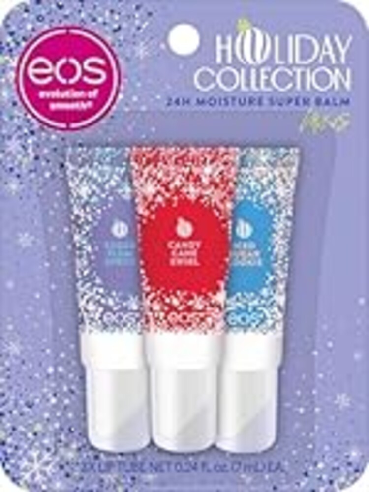 eos Holiday 24H Moisture Mini Super Balm Set, Sugar Plum Spritz, Candy Cane Swirl, Iced Sugar Cookie, Limited Edition Lip Care, Stocking Stuffers, 0.24 fl oz, 3-pack