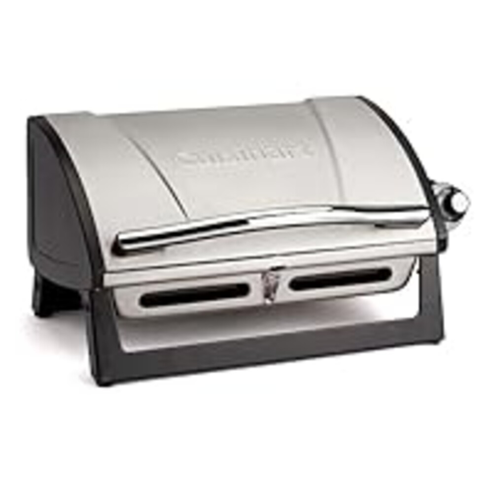 Cuisinart Grillster Portable Gas Grill, Stainless Steel Compact BBQ Grill with Locking Lid for Easy Transport, 8000 BTU Propane Grill with Dishwasher Safe Cooking Grate, Small Grill for Camping & BBQ