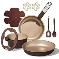 CAROTE 11pcs Ceramic Cookware Set, Pots and Pans Set Non stick, Induction Kitchen Cookware with Removable Handle, RV Dishwasher ＆ Oven Safe, RV/Camping Cookware, PFOA Free, Brown