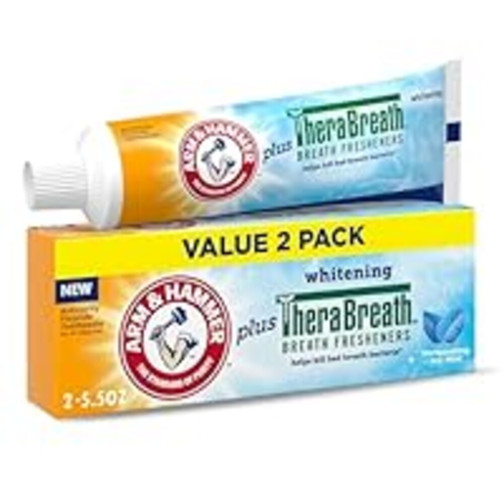 ARM & Hammer Toothpaste Plus TheraBreath Breath Fresheners, ICY Mint Flavor, Teeth Whitening Toothpaste, Anticavity Fluoride for Bad Breath, 5.5 Oz (Pack of 2)