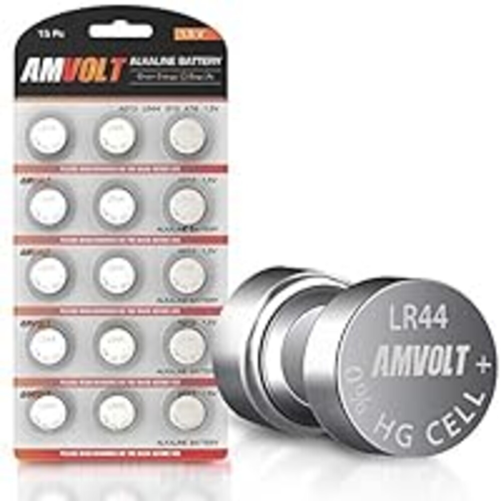 AmVolt- Pack of 15 LR44 Batteries AG13 SR44 357 303 Premium Alkaline Non Rechargeable Button Battery, 1.5 Volt Small Batteries for Watches Clocks & Electronic Devices (15 Pack, 15, Count)
