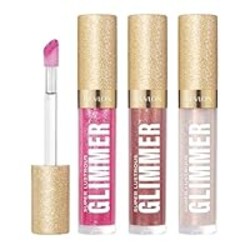 REVLON Super Lustrous Glimmer Gloss Gift Set, 3-Piece, Non-Sticky Lip Makeup, Plant-Based Glitter, High-Shine Finish, 008 Rose Glow, 005 Glazed Almond 001 Diamond Drama