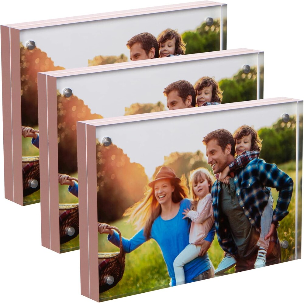 SimbaLux Magnetic Acrylic Picture Photo Frame 4x6 inches (3 Pack), Clear Glass Like with Rose Gold Edge Trim, Double Sided Frameless Desktop Floating Display, Free Standing, Easy to Change