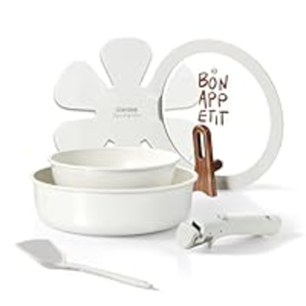 CAROTE Ceramic Pots and Pans Set Non Stick, Nonstick Kitchen Cookware Sets with Lid, Detachable Handle Sauté Pan Set, Non Toxic Frying Pan, Oven Safe, Induction Ready, Cream White