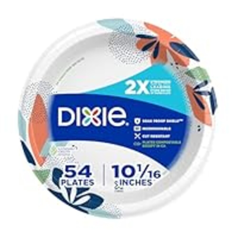 Dixie Large Paper Plates, 10 Inch, 54 Count, 2X Stronger*, Microwave-Safe, Soak-Proof, Cut Resistant, Disposable Plates For Everyday Breakfast, Lunch, & Dinner Meals