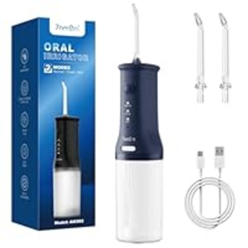 7AM2M Portable Water Flosser Cordless, Water Flosser for Teeth with 3 Modes and 2 Jet Tips, USB C Rechargeable, IPX7 Waterproof, Dental Water Flosser for Travel and Home Use (Navy Blue)