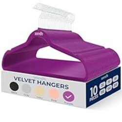 SereneLife 10 Pack Velvet Hangers – Non-Slip Clothes Hangers with Heavy Duty Design, Slim Space-Saving Coat Hangers with 360° Swivel Hook, Strong Lightweight Closet Organizer Set for Clothes (Purple)